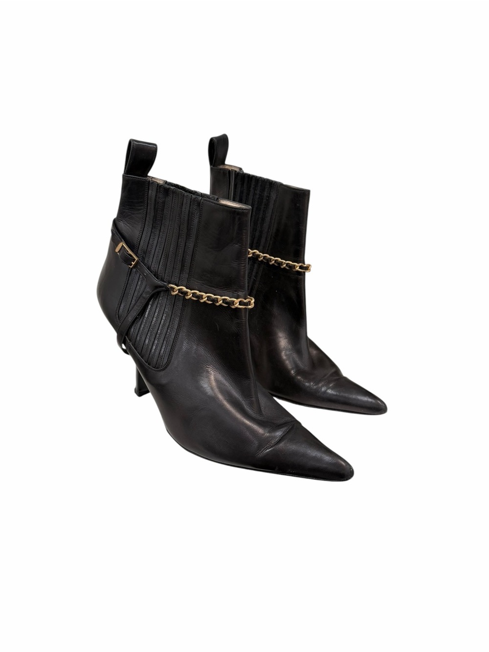 CHANEL Black Leather Chain Strap Pointed Toe Ankle Boots Booties